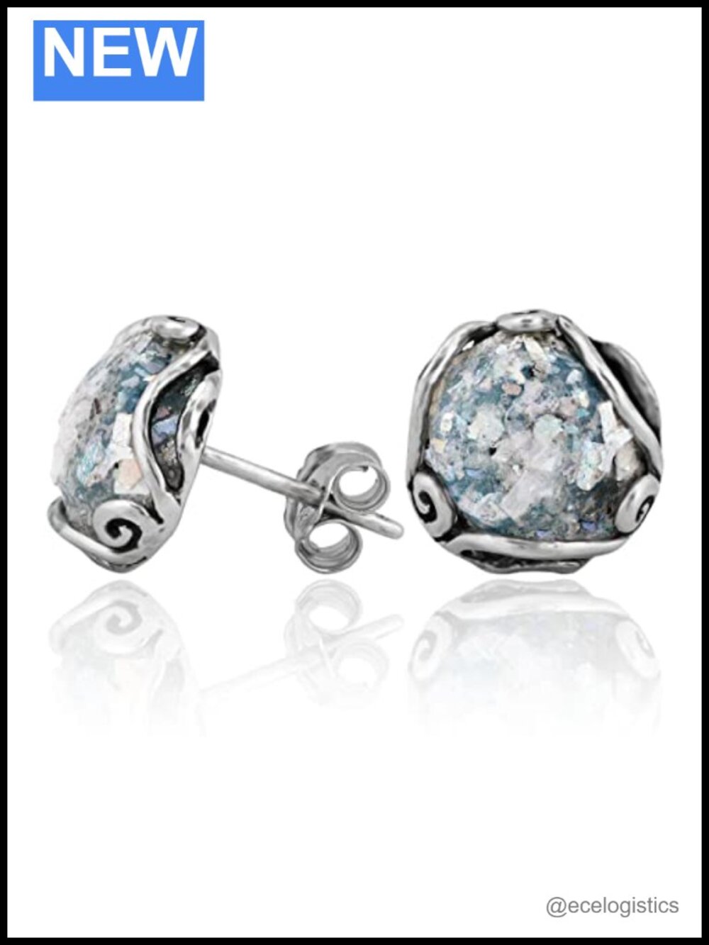 Sterling Silver Roman Glass Stud Earrings Handcrafted Round Ball